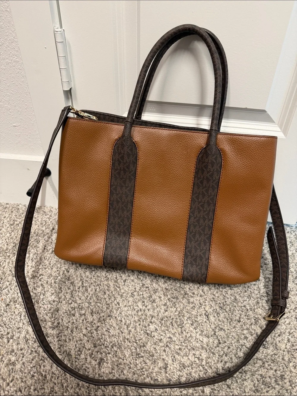 Michael Kors Brown & Tan Signature Stripe Messenger Tote